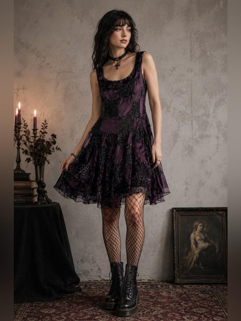 Vintage Nomads Purple Black Patchwork Fairycore Babydoll Women’s Dress L
